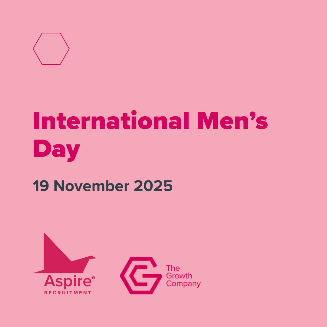 Promotional graphic for International Men's Day, observed on 19 November 2025. The background is pink with the words 'International Men's Day' in bold, dark pink font and the date '19 November 2025' in smaller grey text below. In the bottom left corner are the logos for Aspire Recruitment, featuring a stylised bird, and The Growth Company. A small hexagon shape appears near the top left corner.